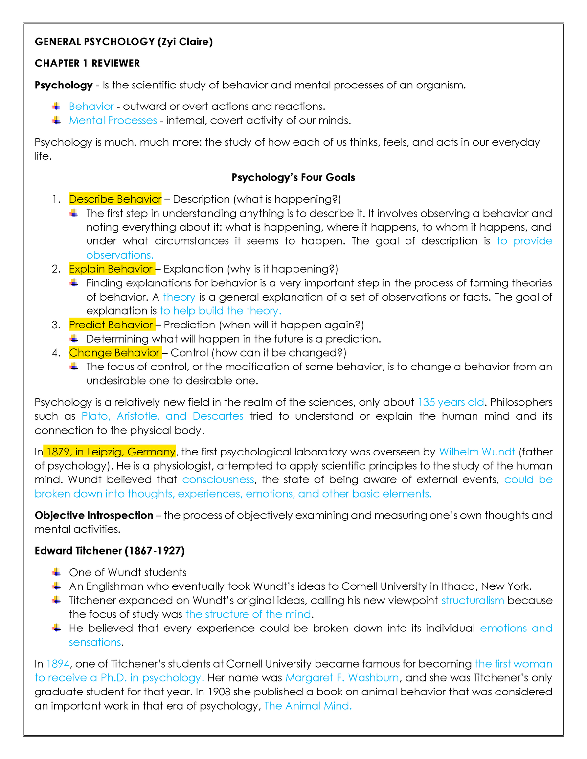 GEN. Psych Chapter 1-4 Lectures - GENERAL PSYCHOLOGY (Zyi Claire ...