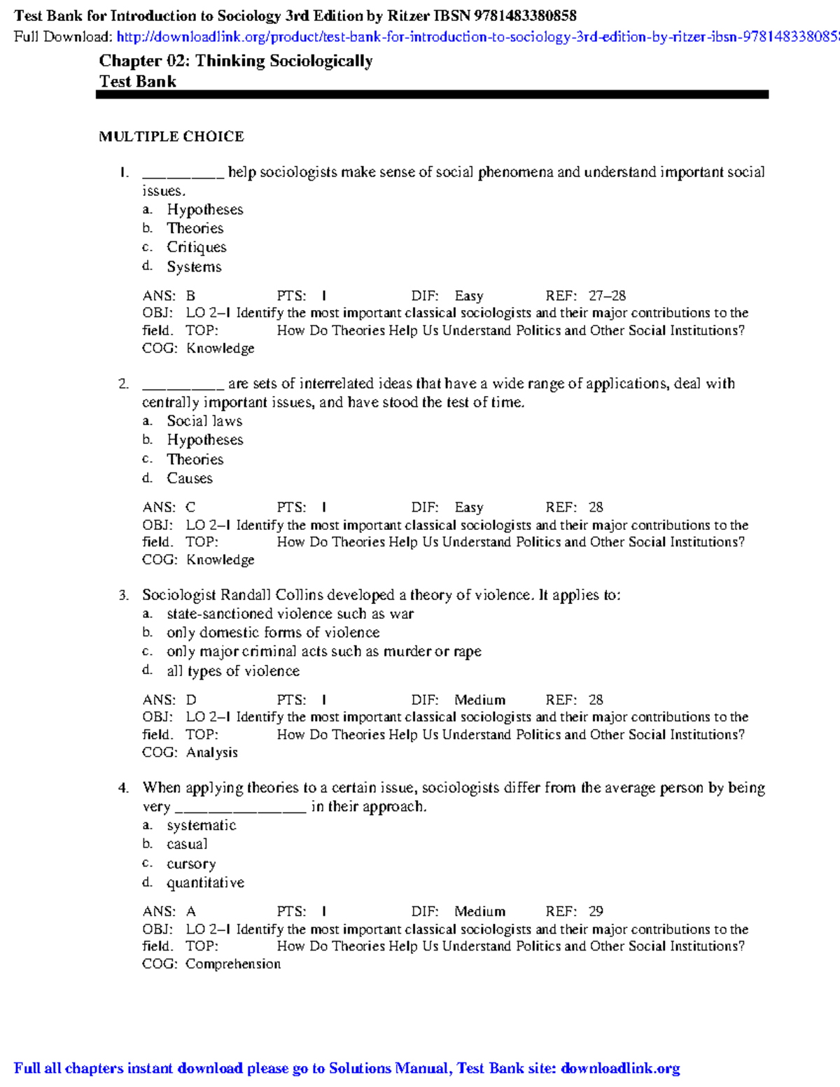 Test Bank For Introduction To Sociology 3rd Edition By Ritzer Ibsn ...