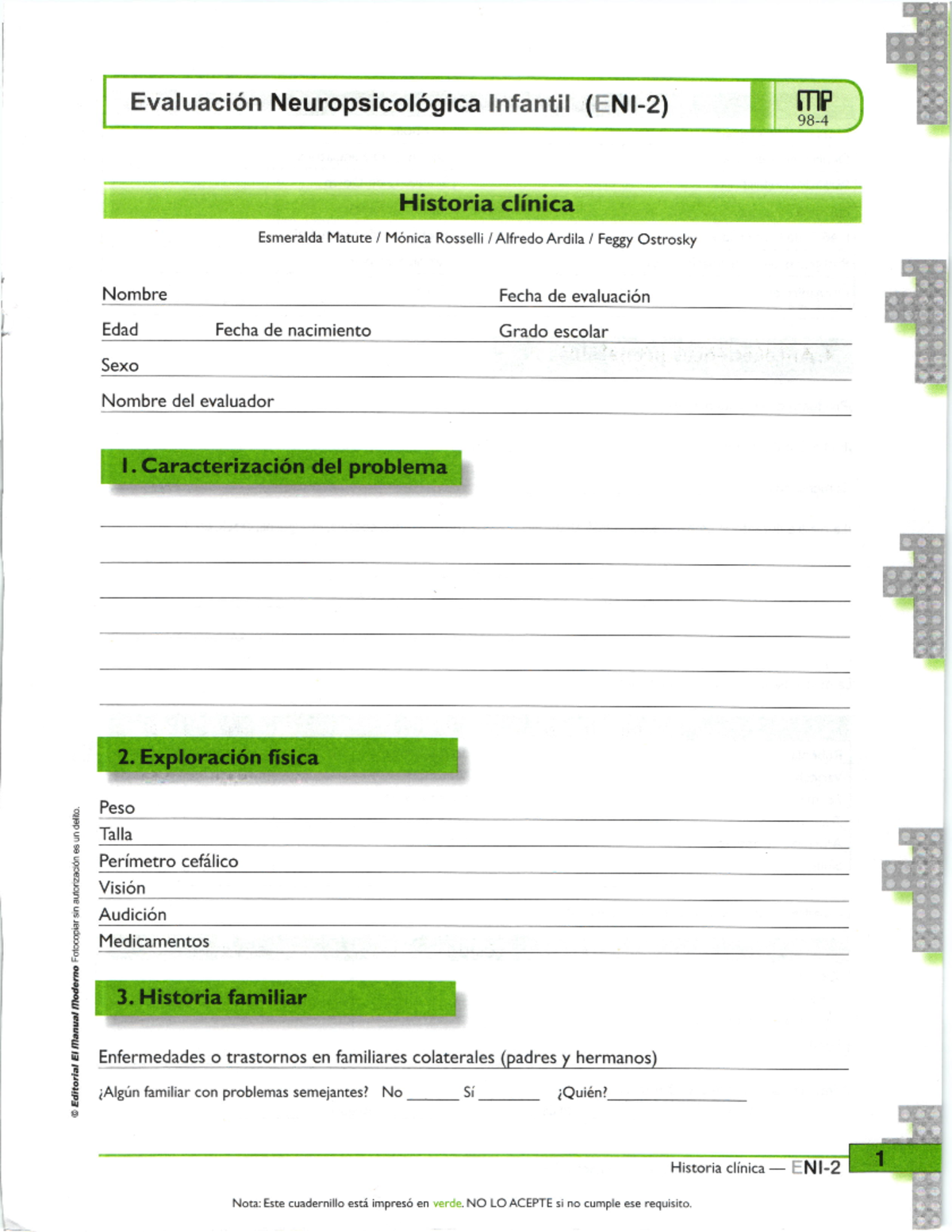Historia Clinica Eni 2 Evaluación Neuropsicológica Lnfantil Ent 2