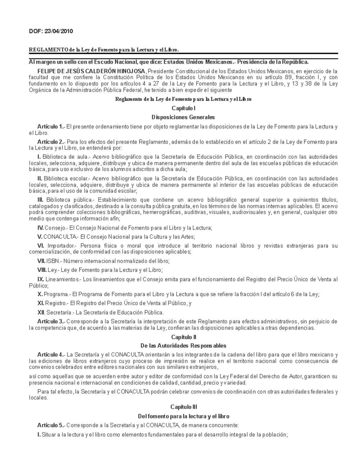 Reglamento DE LA LEY DE Fomento PARA LA Lectura Y EL Libro DOF 23/04