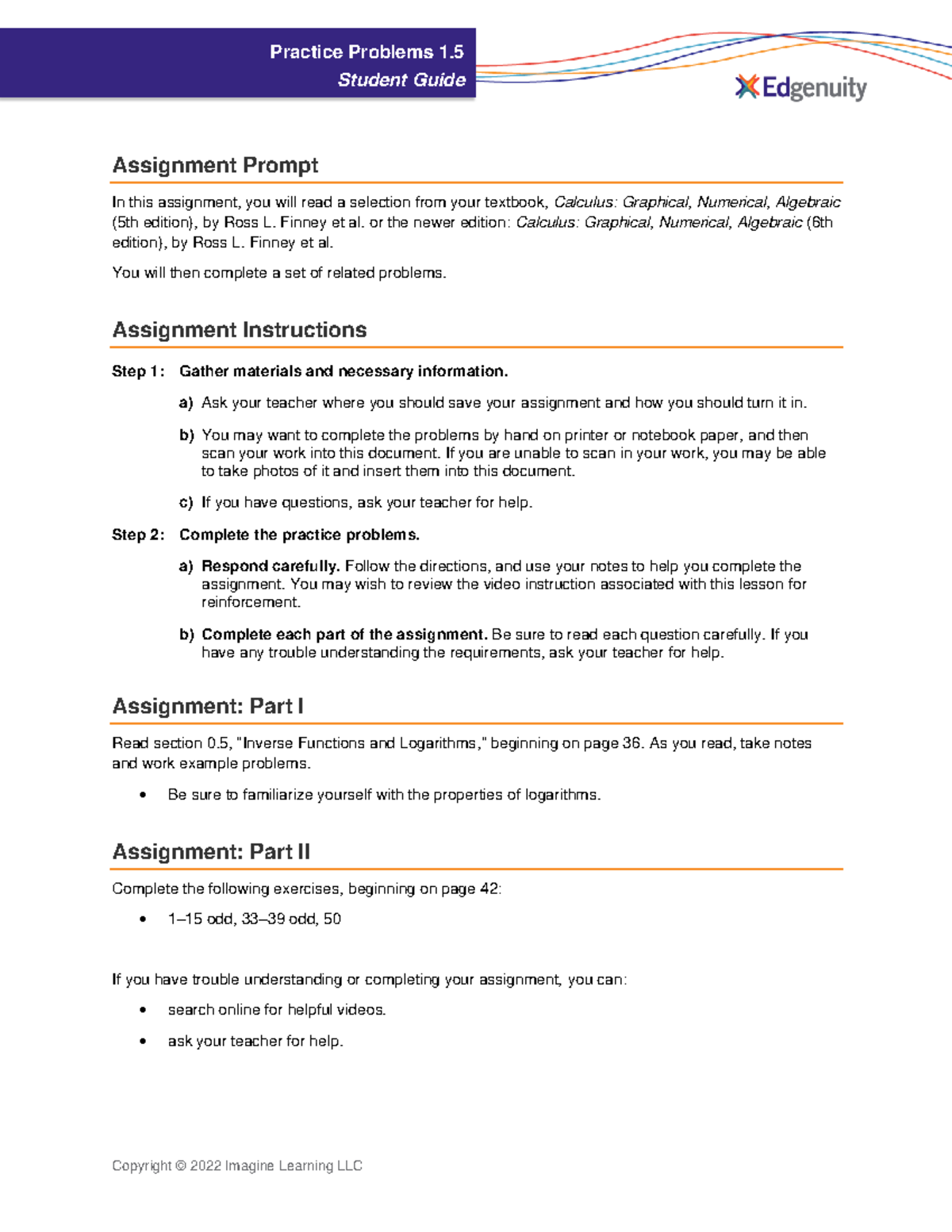 Perf Task Practice Problems 1 - Copyright © 2022 Imagine Learning LLC ...
