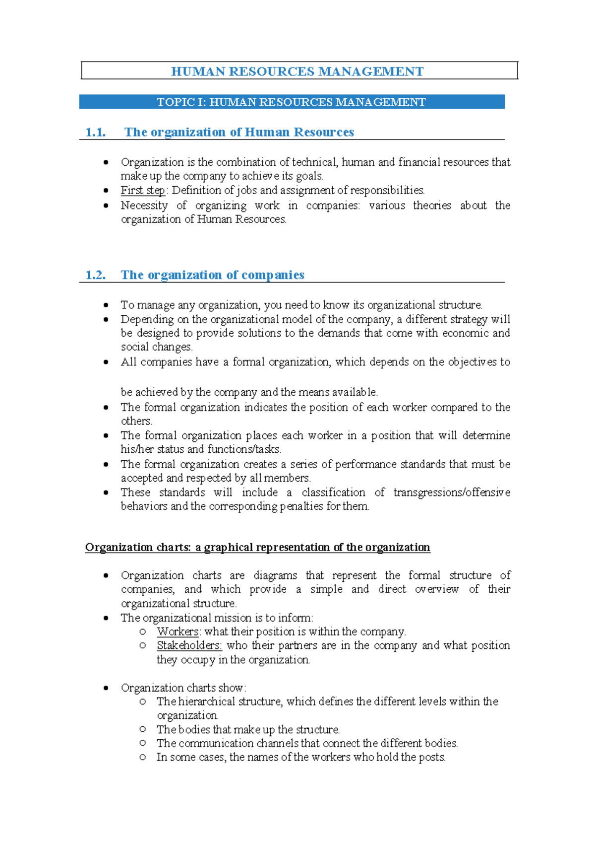 HRM Lecture Notes Sections 1 & 2 - HUMAN RESOURCES MANAGEMENT TOPIC I ...