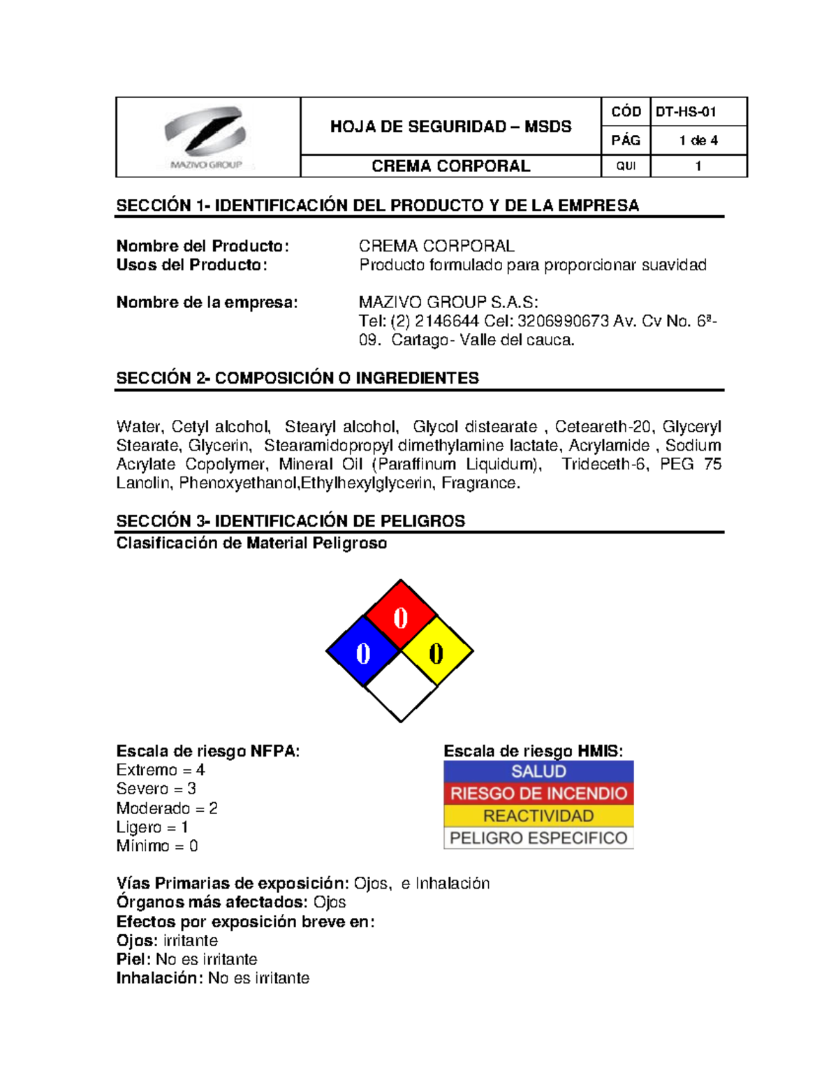Hoja de seguridad crema corporal HOJA DE SEGURIDAD MSDS CÓD DTHS