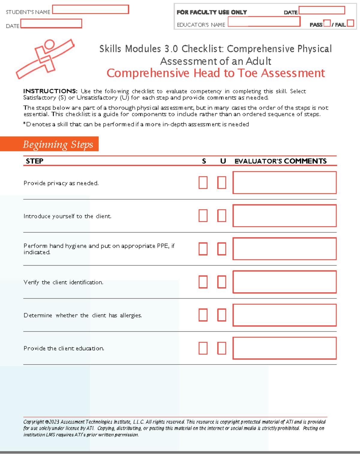 Physical Assessment - Studentís Name Date Skills Modules 3 Checklist 