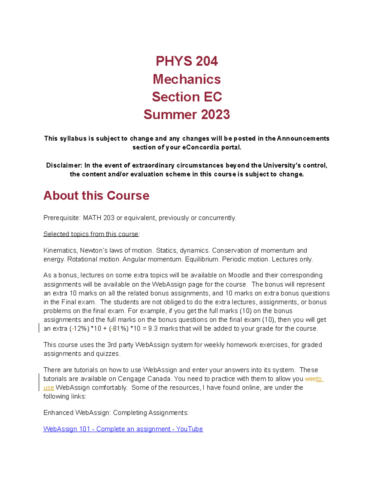 2 - PHYS 204 Summer 2023- Final Outline And Agenda - PHYS 204 Mechanics ...