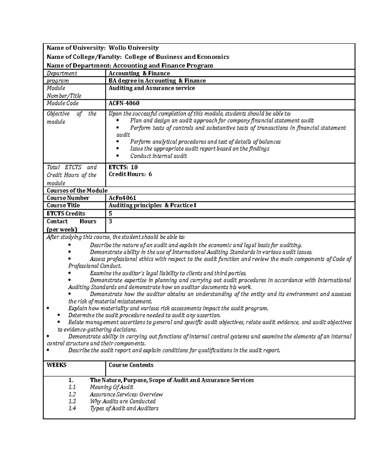 Audit Principle and Practice I - Name of University: Wollo University ...