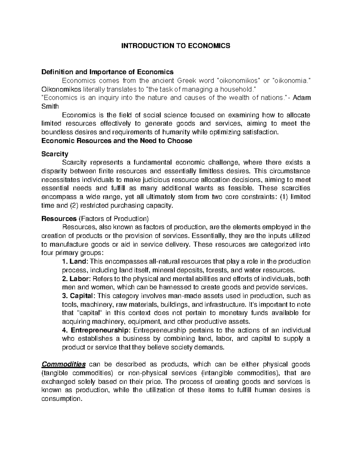 Chapter 1-Econ23 - Notes for first year students - INTRODUCTION TO ...