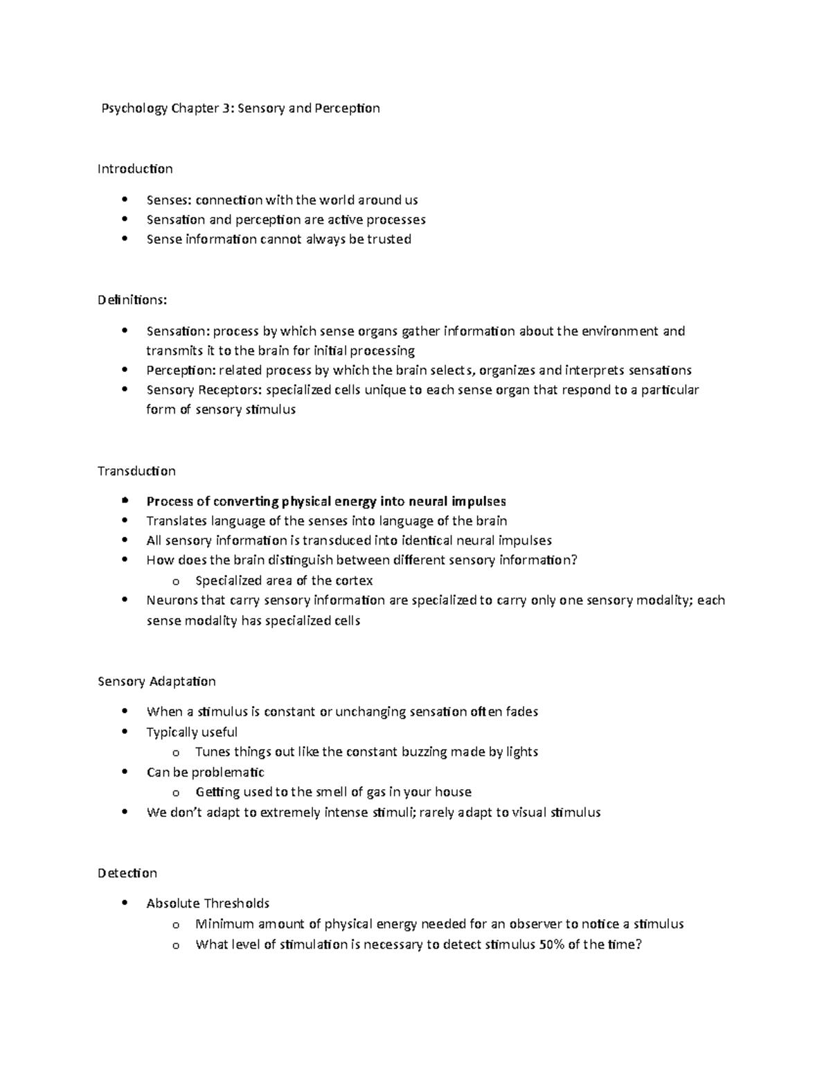 Psychology Chapter 3 Notes - Psychology Chapter 3: Sensory And ...