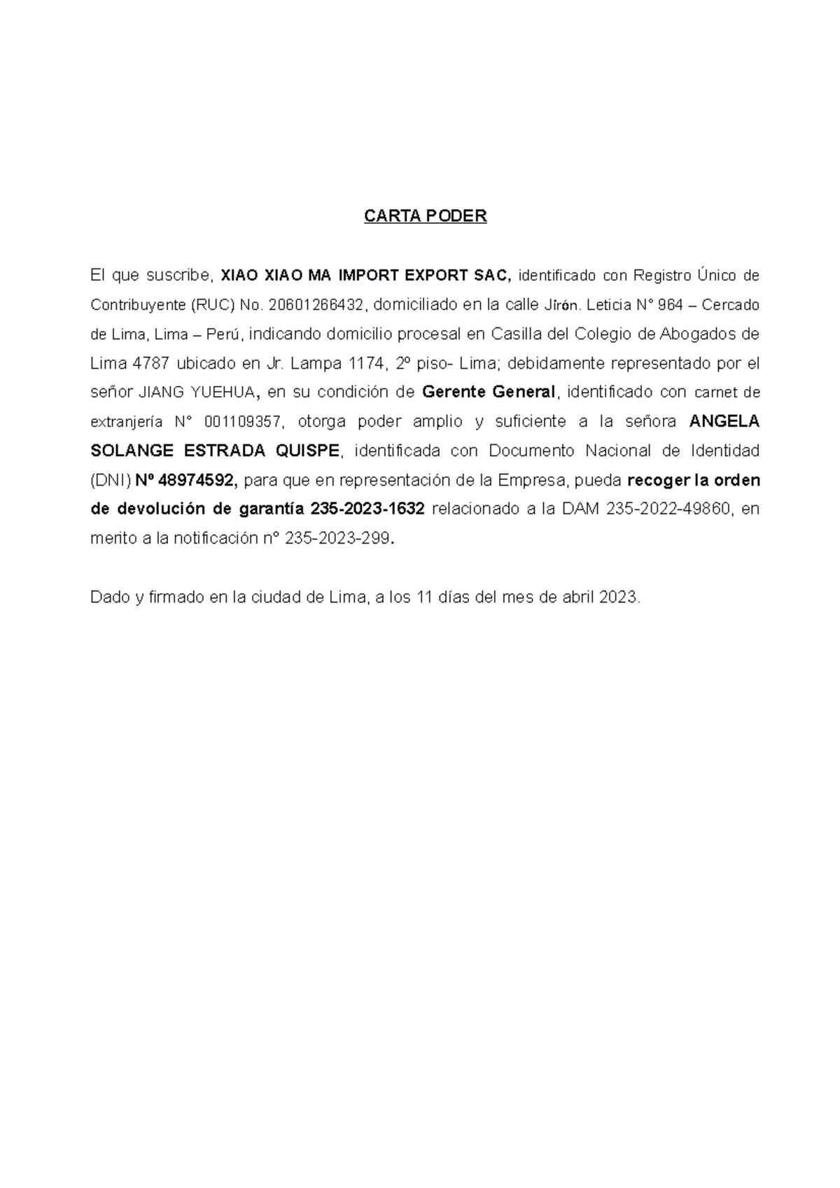 Carta Poder DAM 2022 49860 - CARTA PODER El que suscribe, XIAO XIAO MA ...