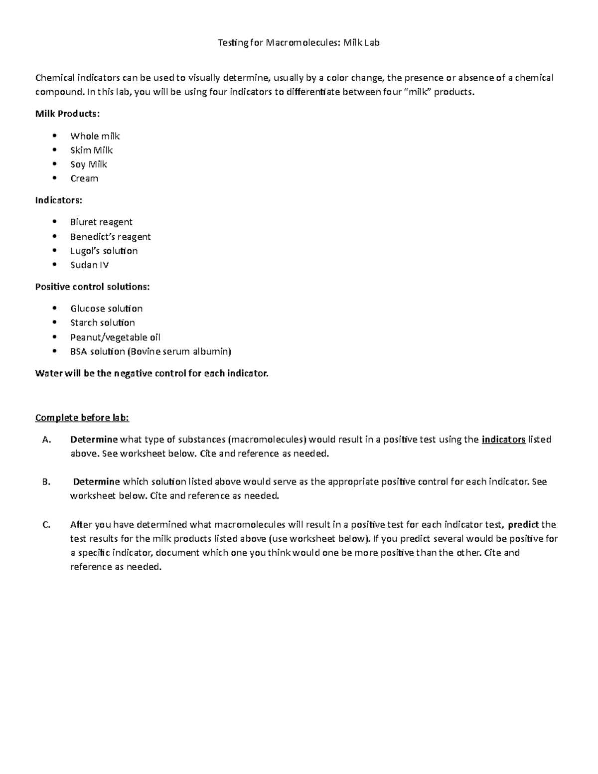 Prelab assignment Milk Testing for Macromolecules Milk Lab Chemical