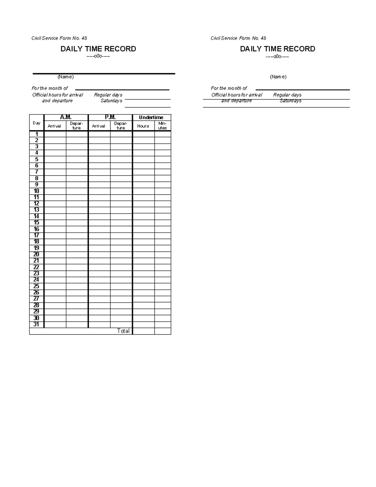 Csc form no 48 daily time record dtr Civil Service Form No. 48 DAILY