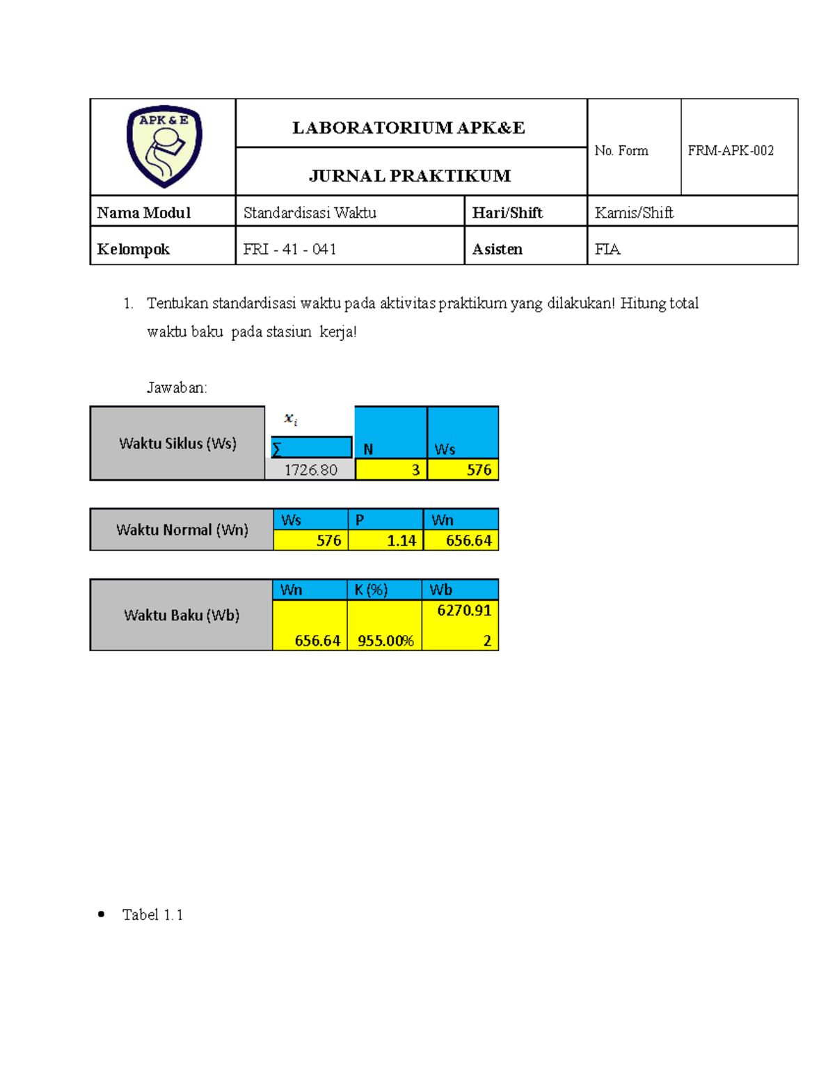 Modul 1 FRI 41 041 Senin Shift 1 FIA - LABORATORIUM APK&E No. Form FRM ...