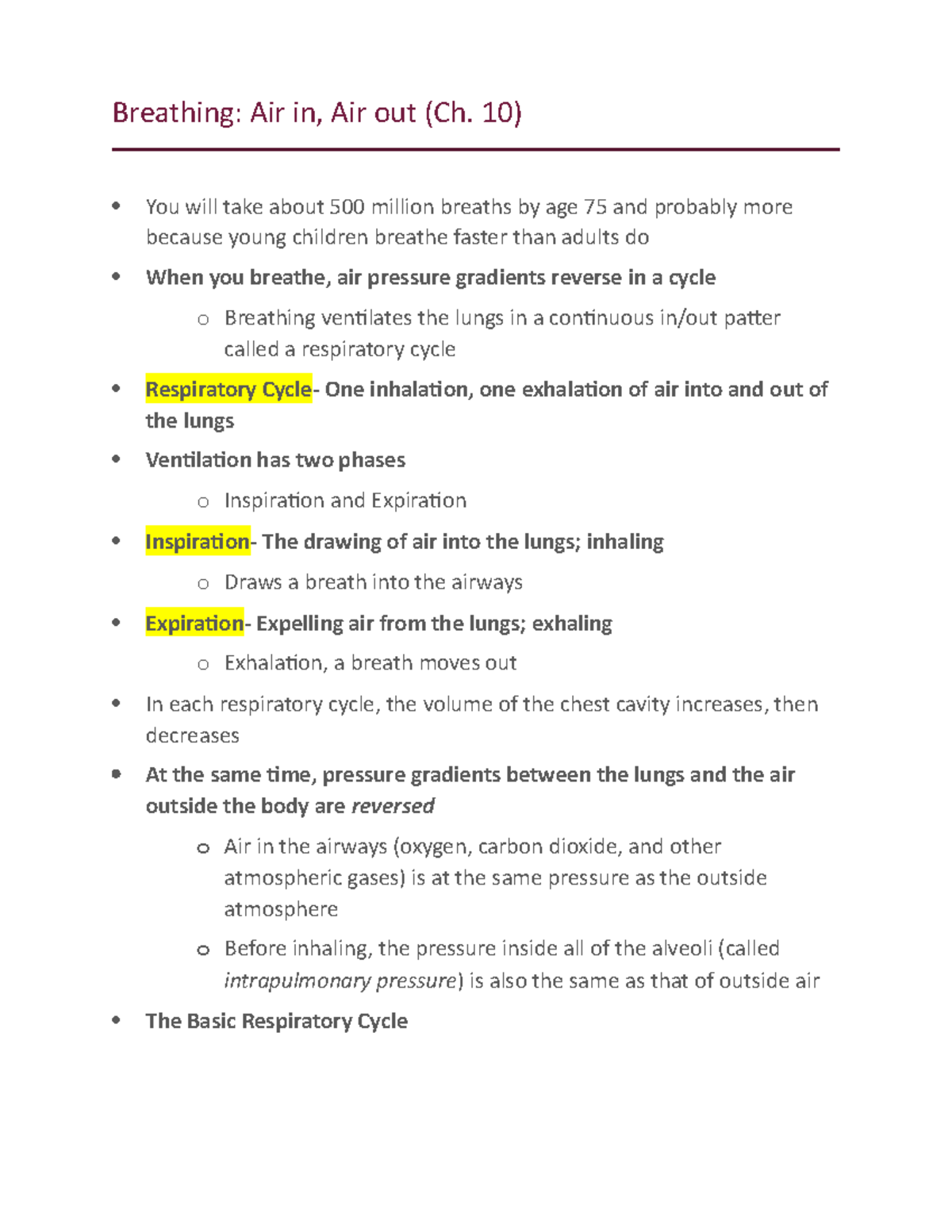 Breathing (ch. 10) - Notes - Breathing: Air in, Air out (Ch. 10) You ...