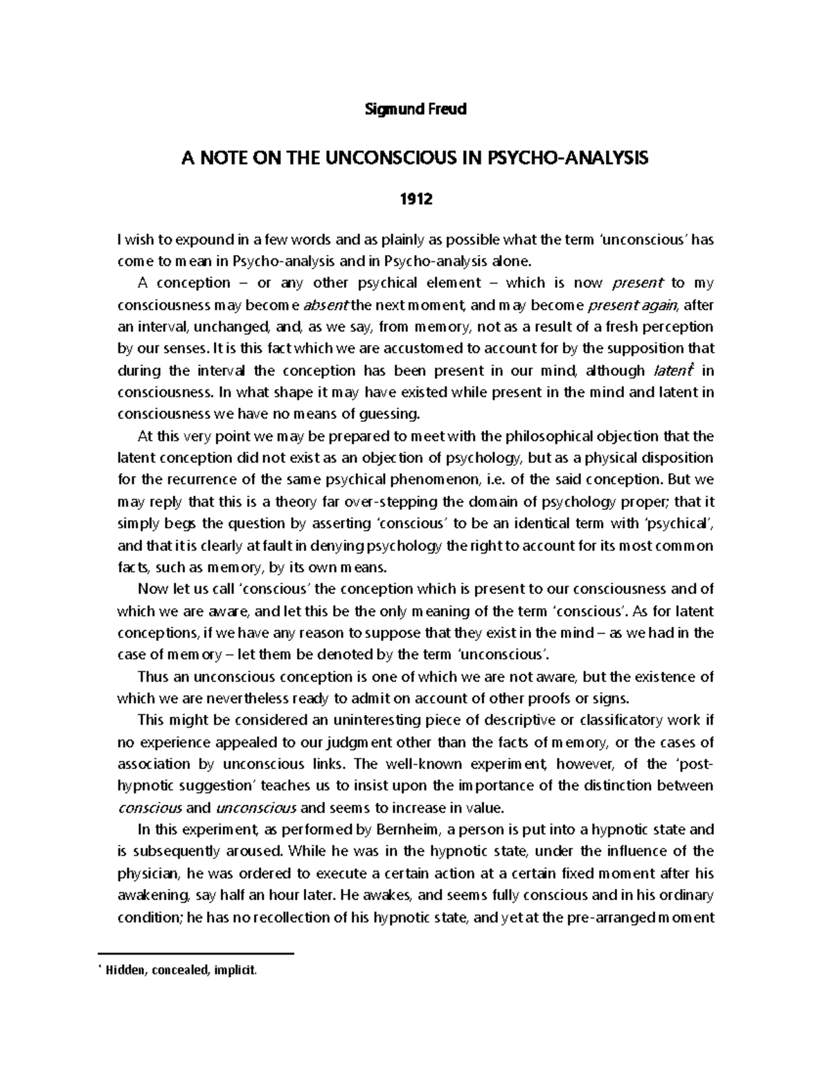 A Note on the Unconscious in Psycho-Analysis Freud - Sigmund Freud A ...
