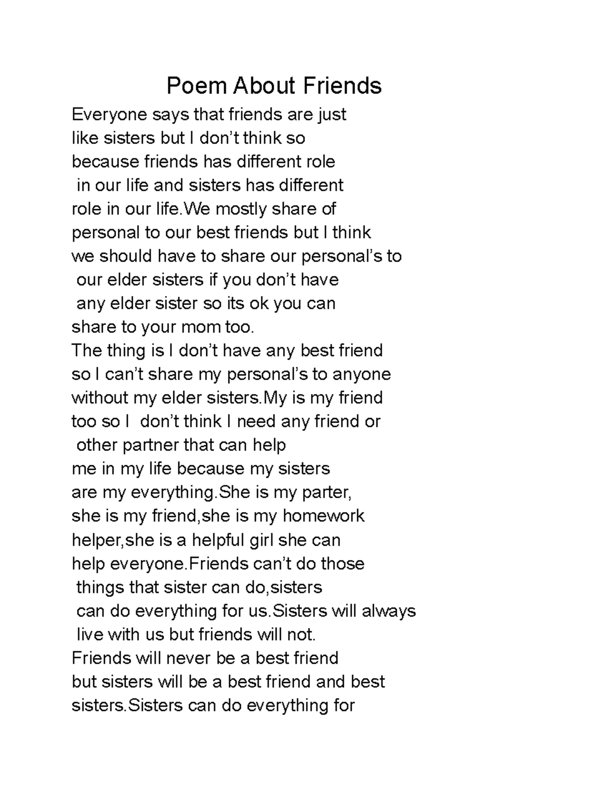 Free Verse Poetry Book - poems - Poem About Friends Everyone says that ...