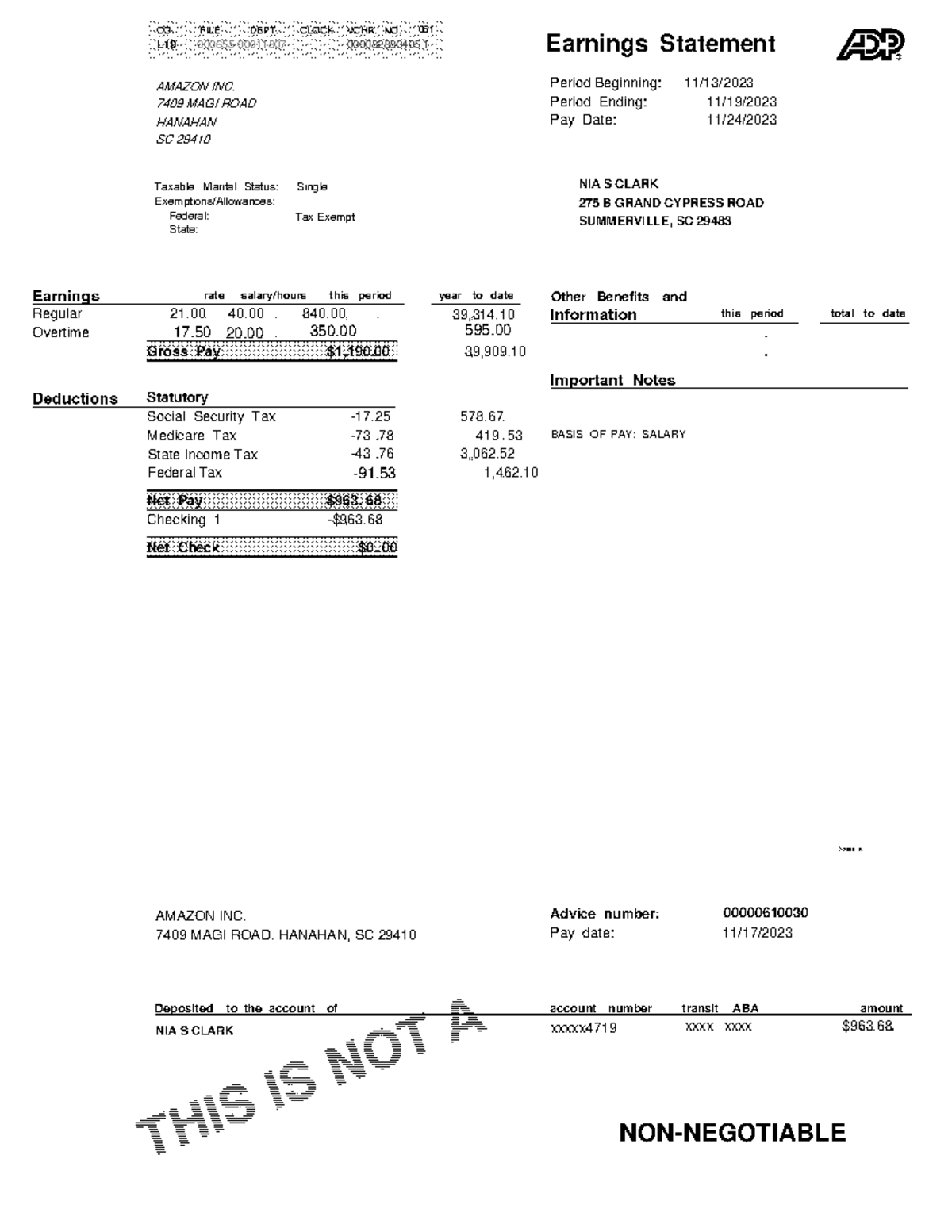 Adppaystubcopygenerator - NON-NEGOTIABLE Deposited to the account of ...