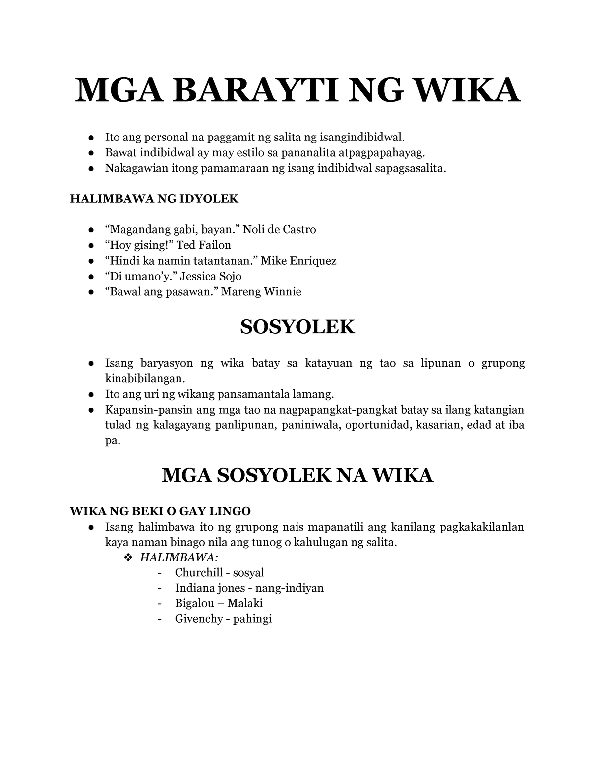 MGA Barayti NG WIKA MGA BARAYTI NG WIKA Ito Ang Personal Na Paggamit Ng Salita Ng Studocu