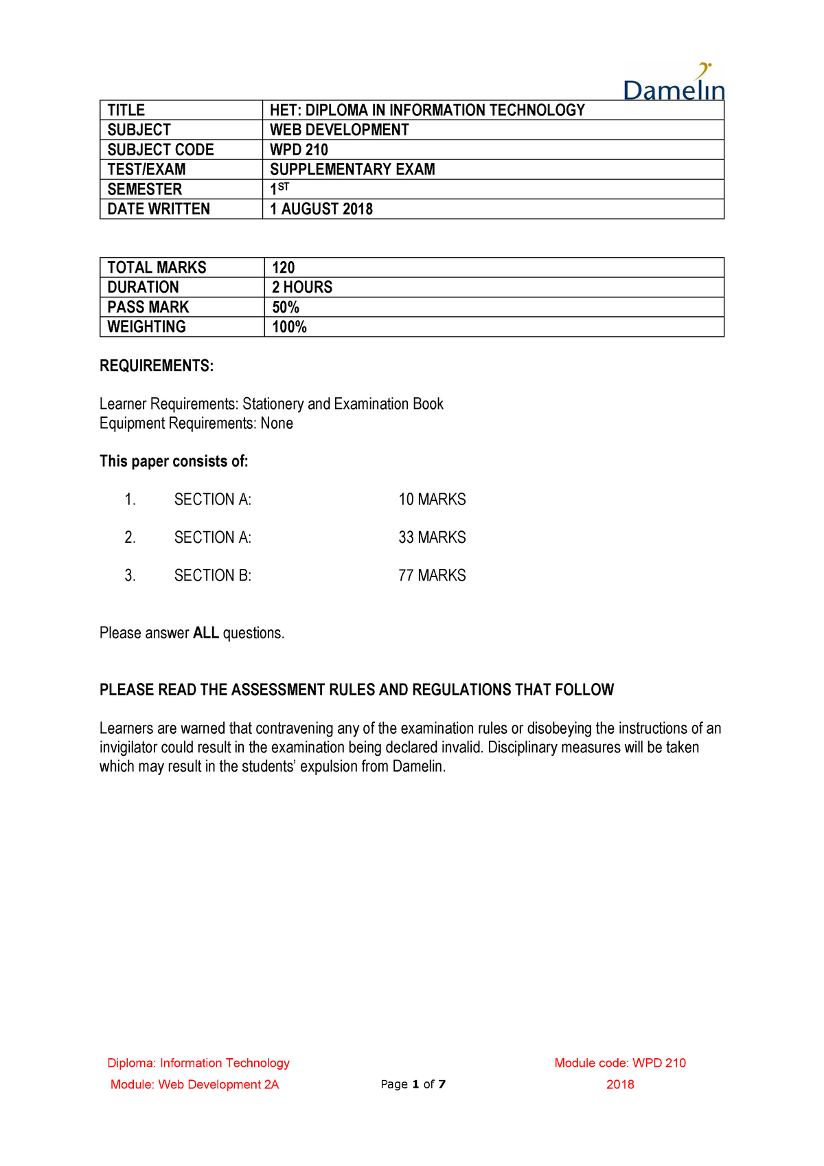 Web Development 2A Supp Exam - Diploma: Information Technology Module ...