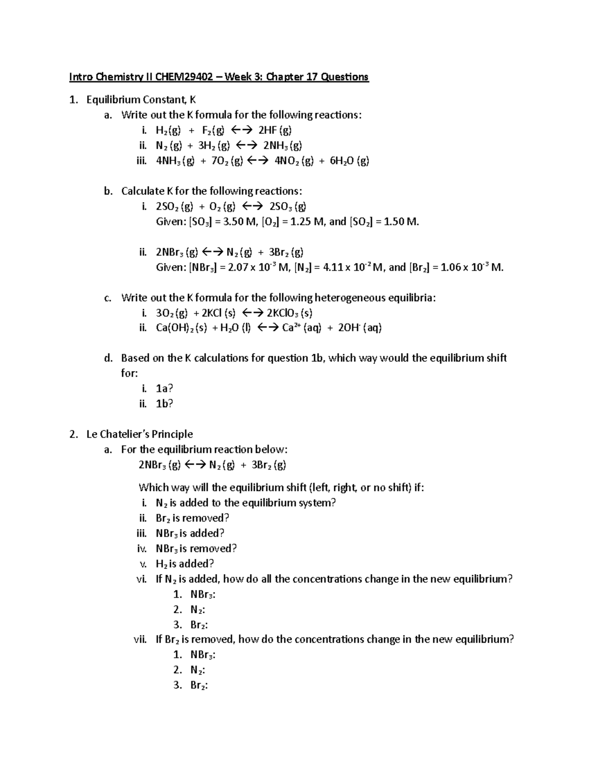 Week 3 chp17 questions - Intro Chemistry II CHEM29402 – Week 3: Chapter ...