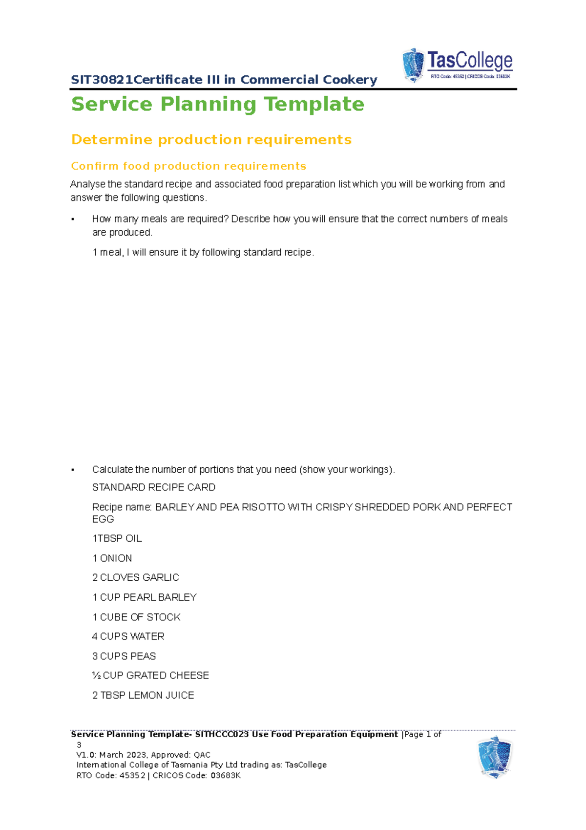 Service PLAN - ... - SIT30821Certificate III in Commercial Cookery ...