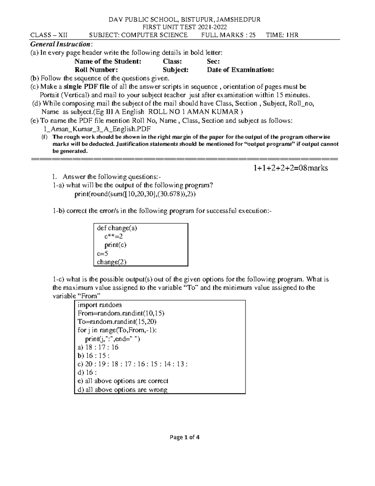 Class12 Computer Science Question Paper - DAV PUBLIC SCHOOL, BISTUPUR ...