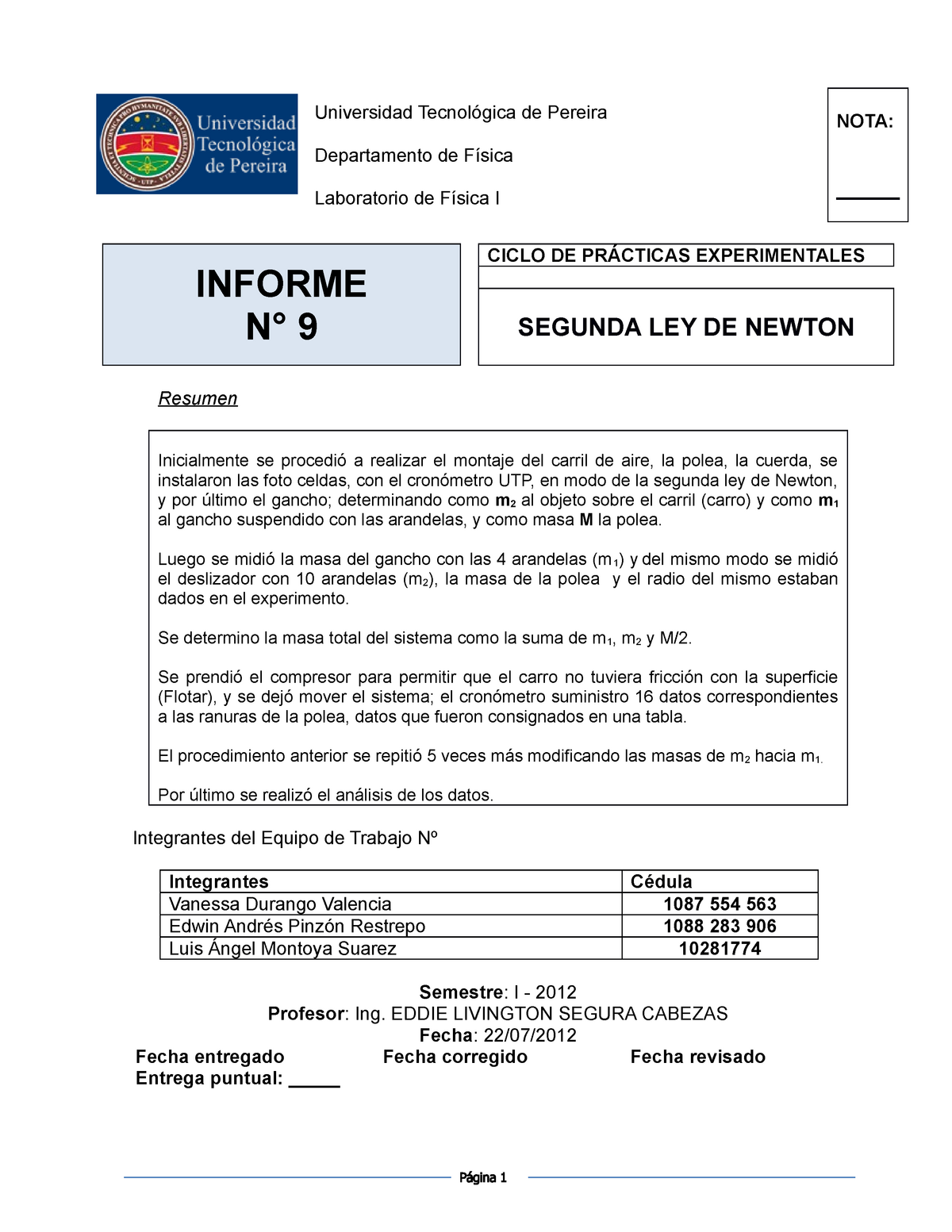 SEGUNDA LEY DE NEWTON - Universidad Tecnológica de Pereira Departamento de  Física Laboratorio de - Studocu