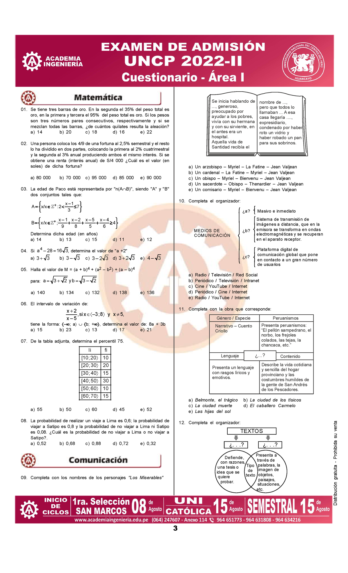 Examen Y Solucionario 2022-2 Area I - Se Tiene Tres Barras De Oro. En ...