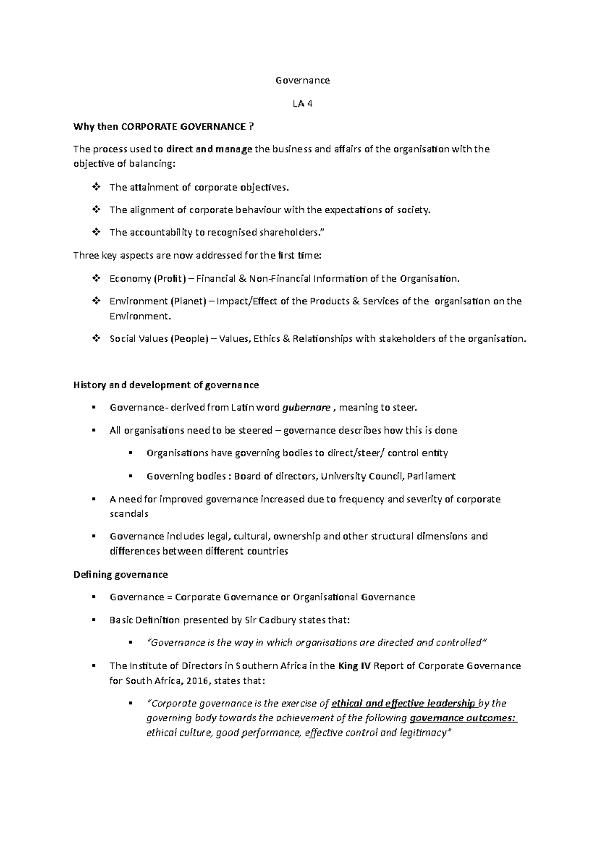 Opsommings - LA4 - chapter 5 Governance - Governance LA 4 Why then ...