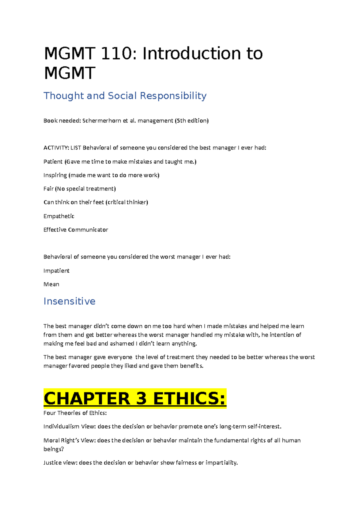MGMT 110 Chapter 1 - MGMT 110: Introduction to MGMT Thought and Social ...