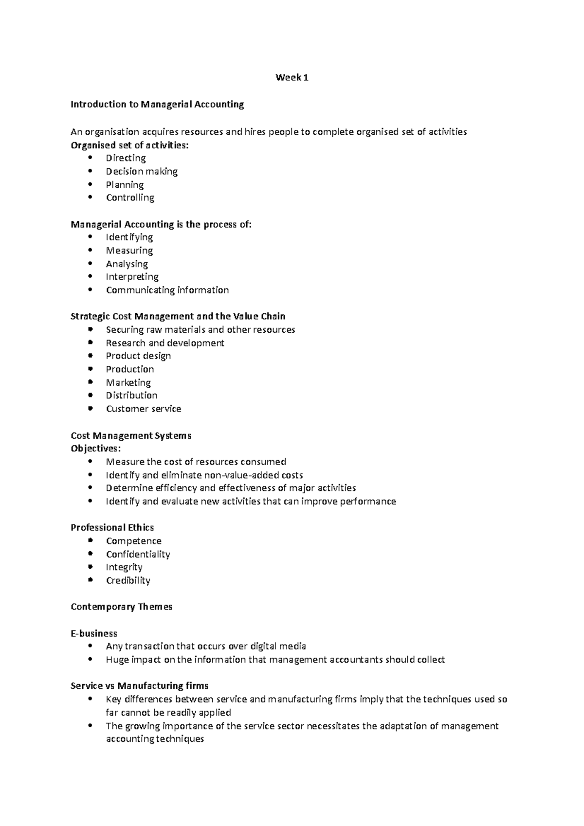 Week 1 + T - notes - Week 1 Introduction to Managerial Accounting An ...
