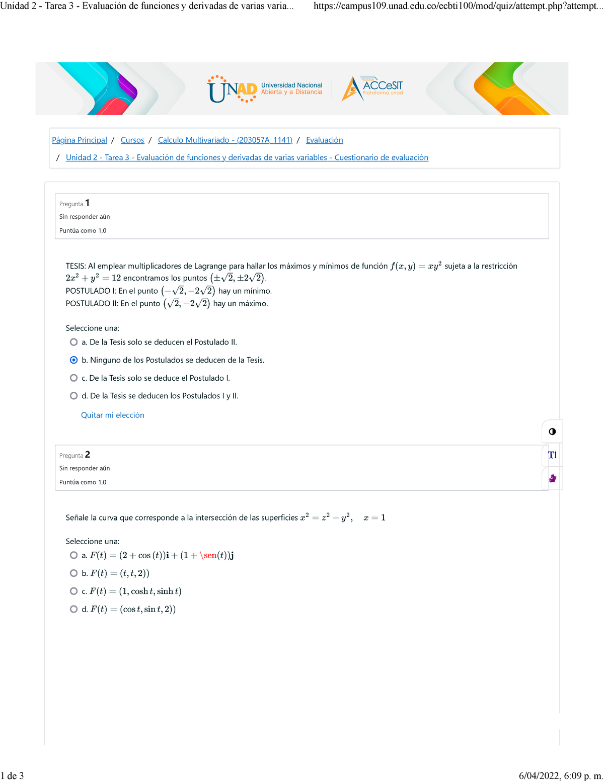 Examen De Calculo 1 Multivariado - Pregunta 1 Sin Responder Aún Puntúa ...