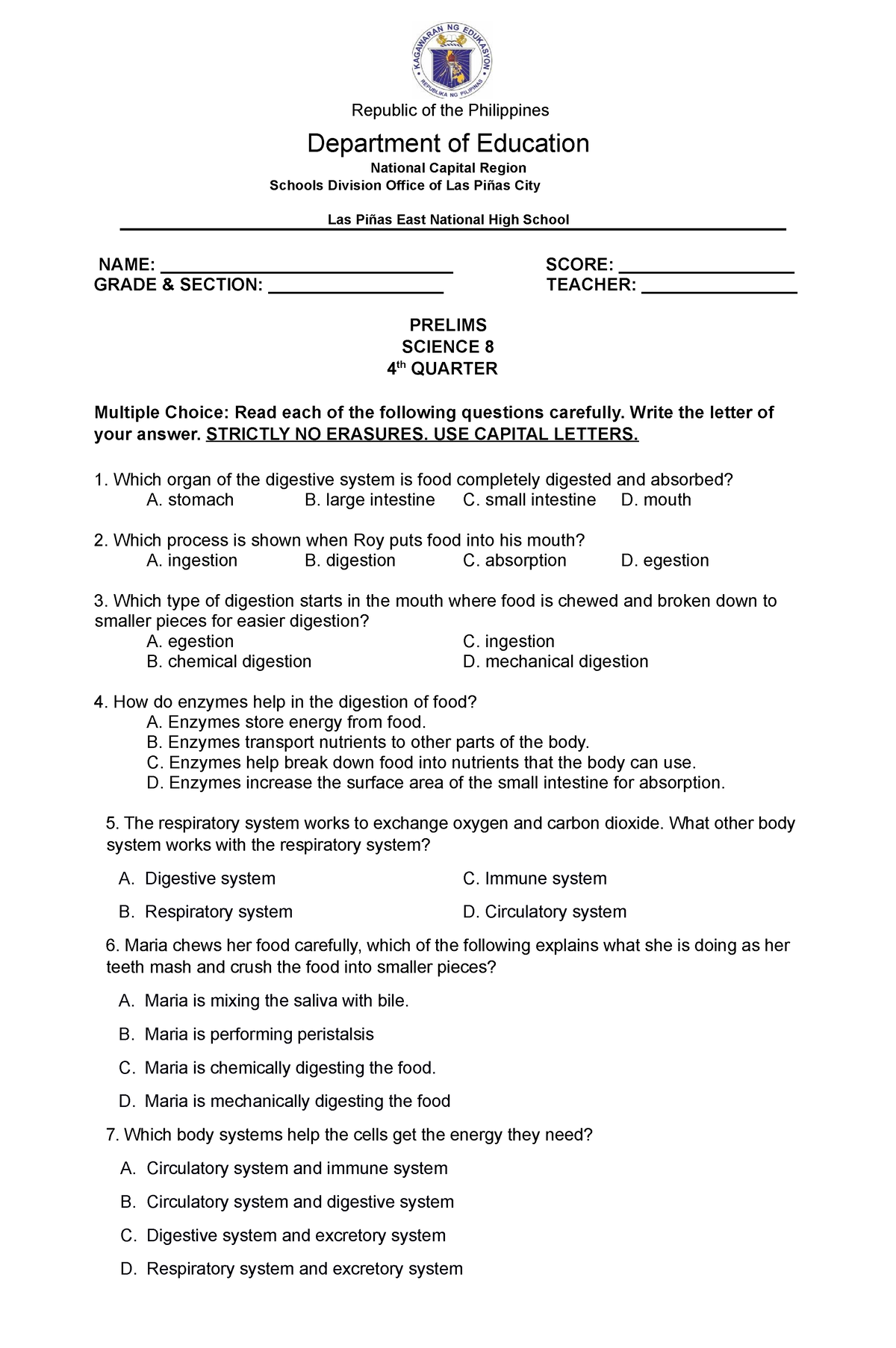 4q Prelims 2023 M Republic Of The Philippines Department Of Education National Capital 