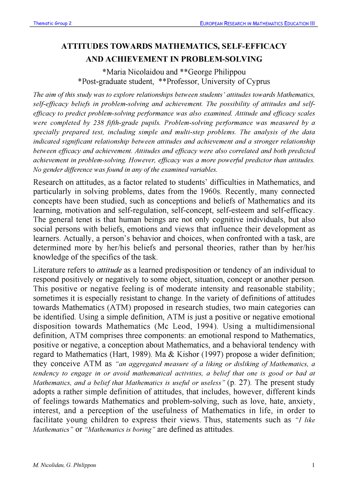 thesis on attitudes towards mathematics