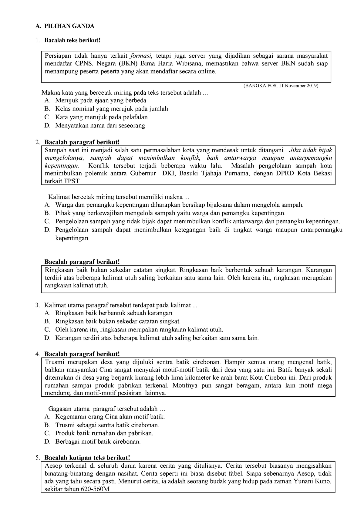 Latihan US 1 - Contoh Soal US Bahasa Indonesia SMP - A. PILIHAN GANDA ...