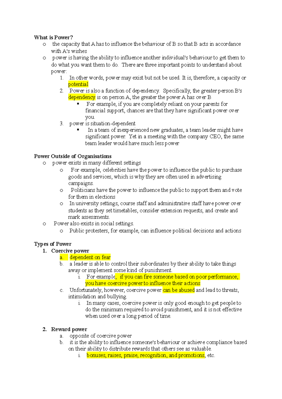 Week 11 seminar notes - What is Power? o the capacity that A has to ...