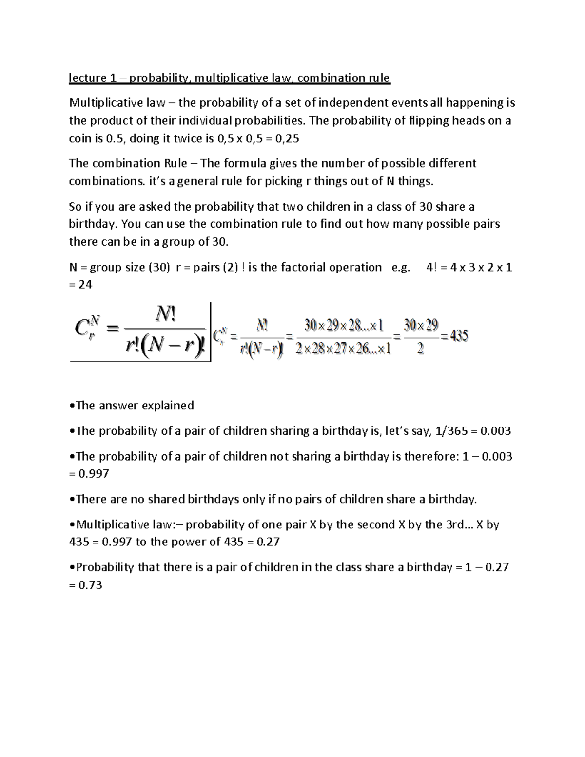Statistics term 1 key info summary lecture 1 probability