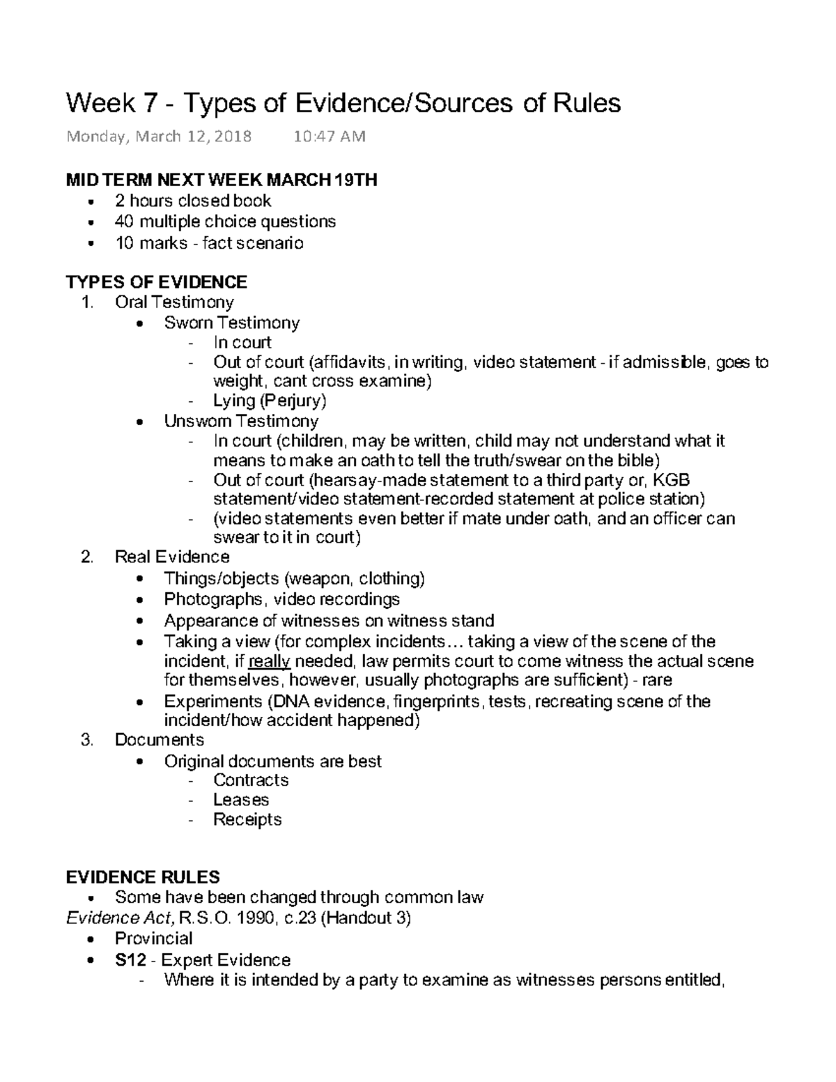 Week 7 Types of Evidence Sources of Rules Week 7 Types of
