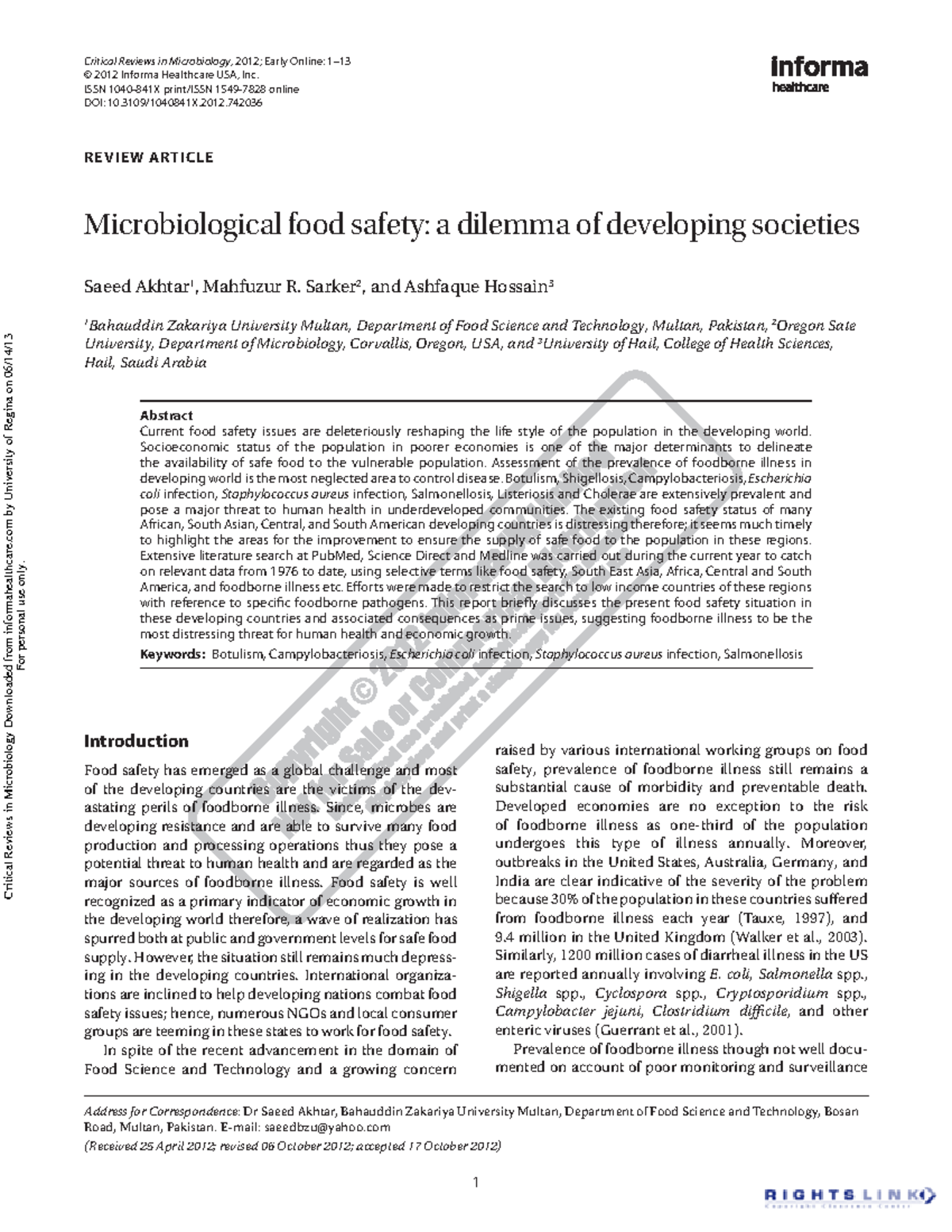 Food safety in developing countries pdf - NUT315 - Ulster - StuDocu