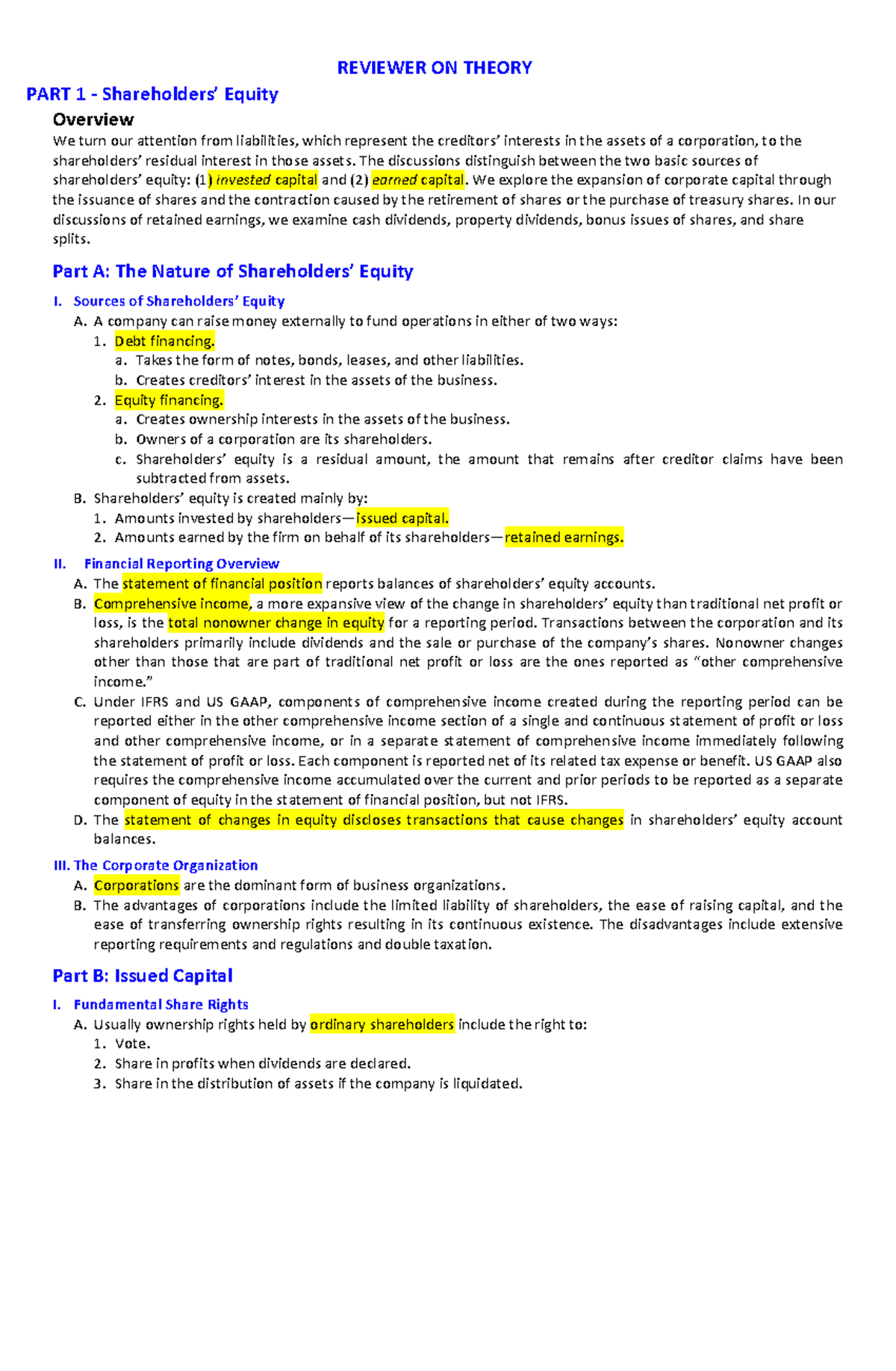 Reviewer ON Theory - REVIEWER ON THEORY PART 1 - Shareholders’ Equity ...