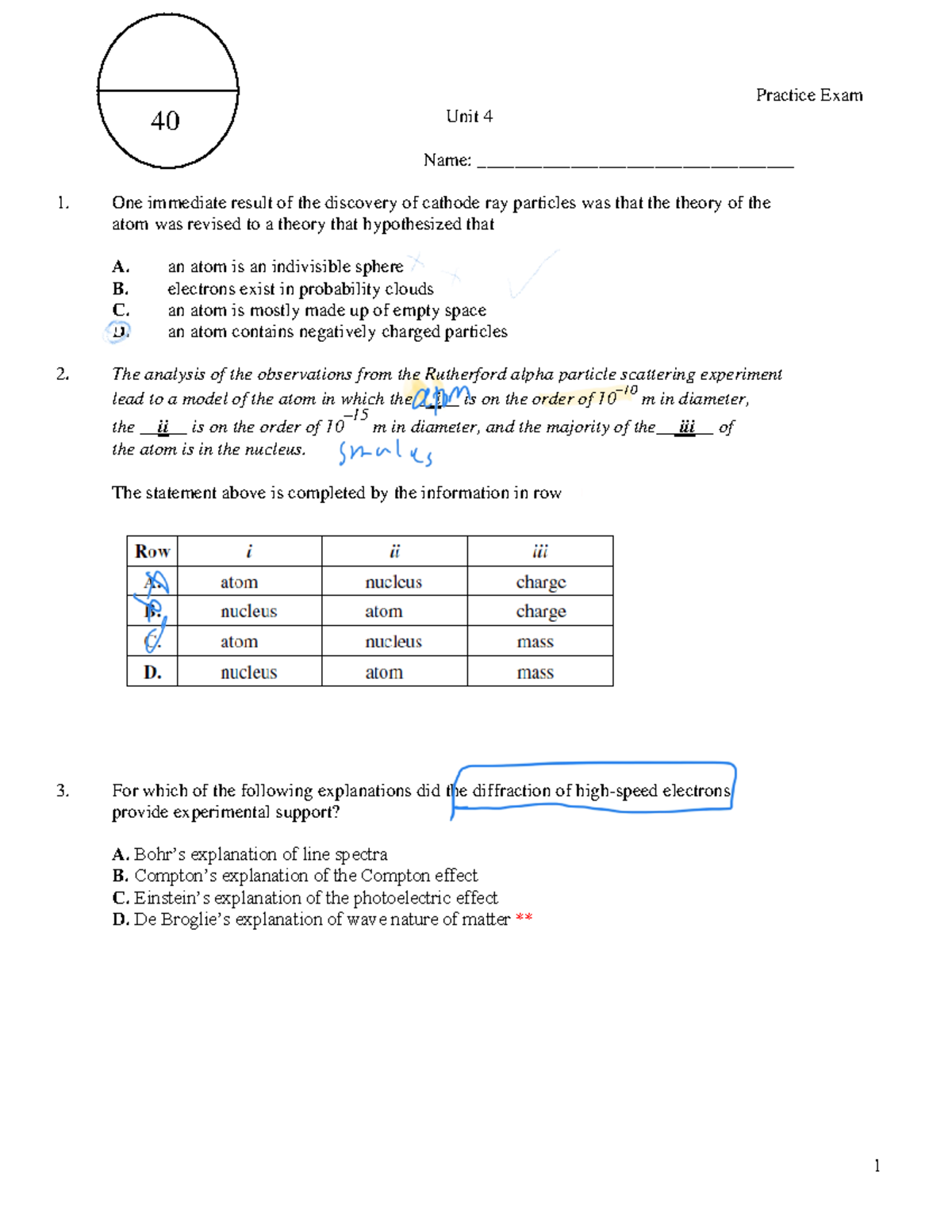1. Atomic Physics Practice Exam Key - Practice Exam Unit 4 Name