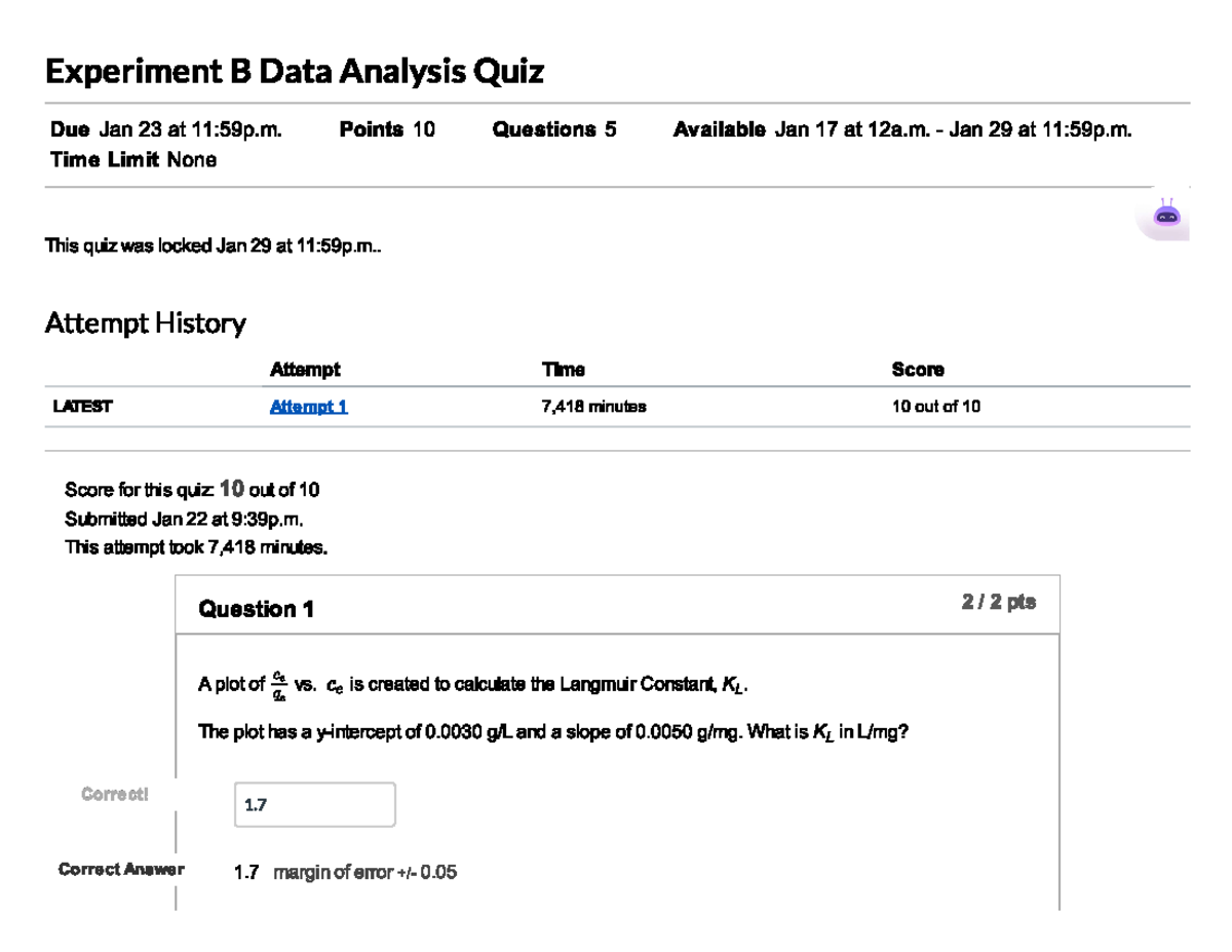 Experiment B Data Analysis Quiz - CHBE 264 - Studocu