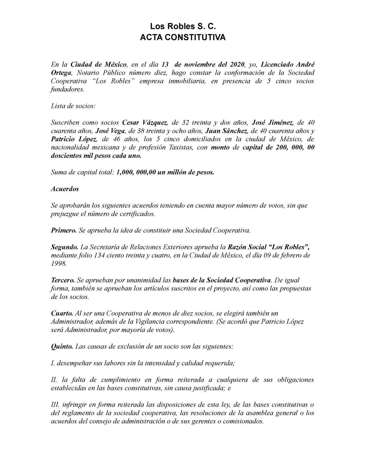 Acta Constitutiva Sociedad cooperativa (ejemplo) - Derecho Corporarivo -  UVM - Studocu