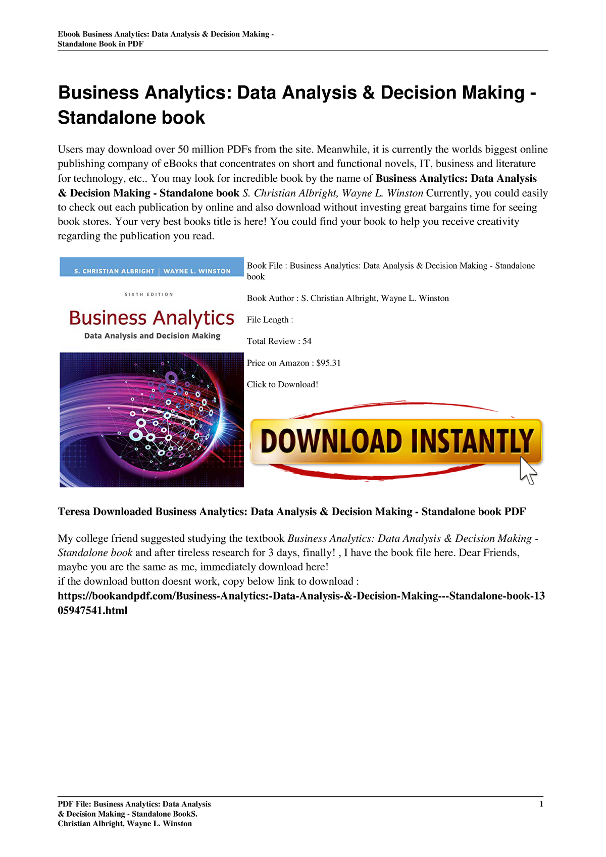 Business Analytics Data Analysis Decision Making Standalone Book by S 