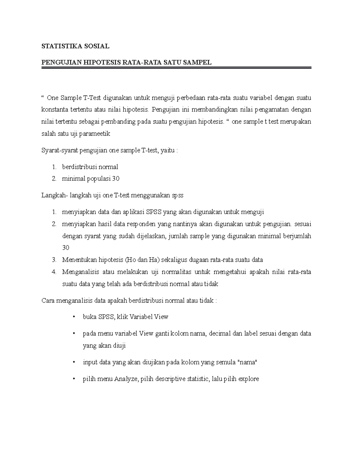 One Sampel T Test Statistika Sosial Pengujian Hipotesis Rata Rata Satu Sampel “ One Sample T