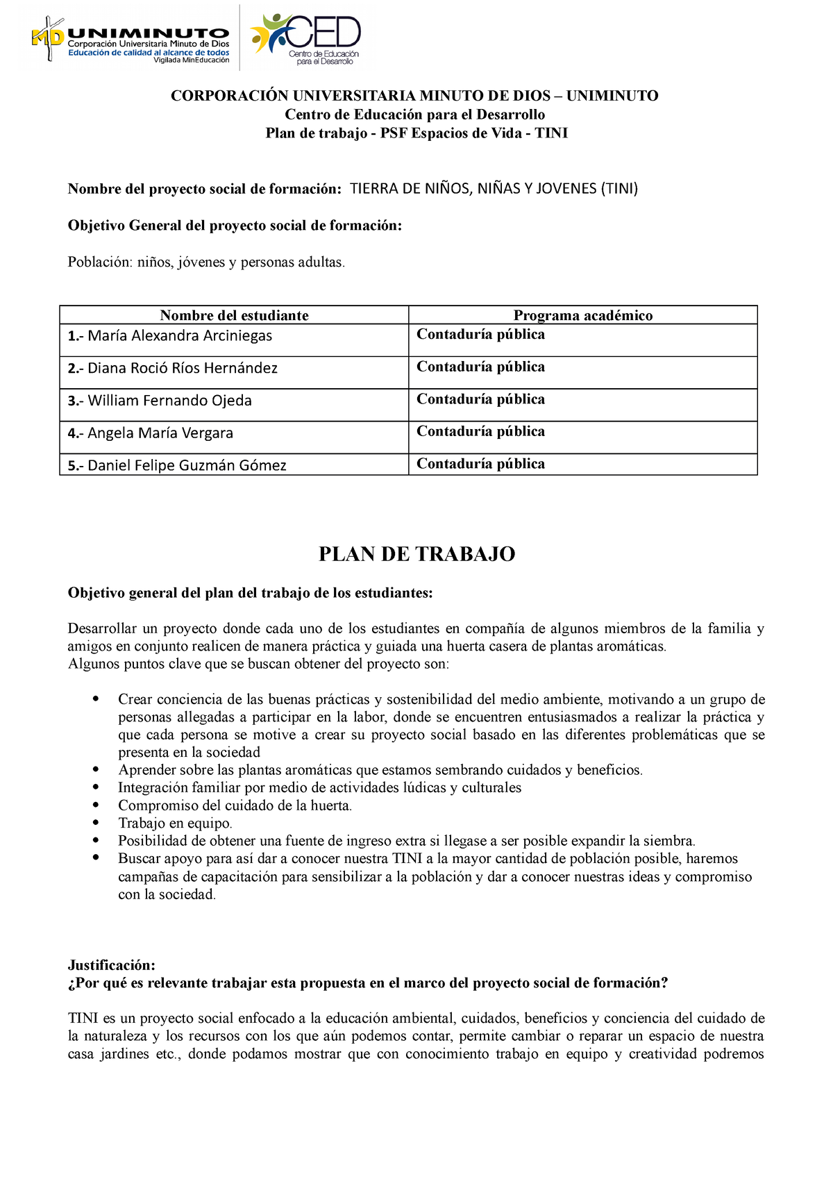 Plan De Trabajo Proyecto Tini Nrc 2184 Marzo 06 2022 CorporaciÓn Universitaria Minuto De Dios 9710