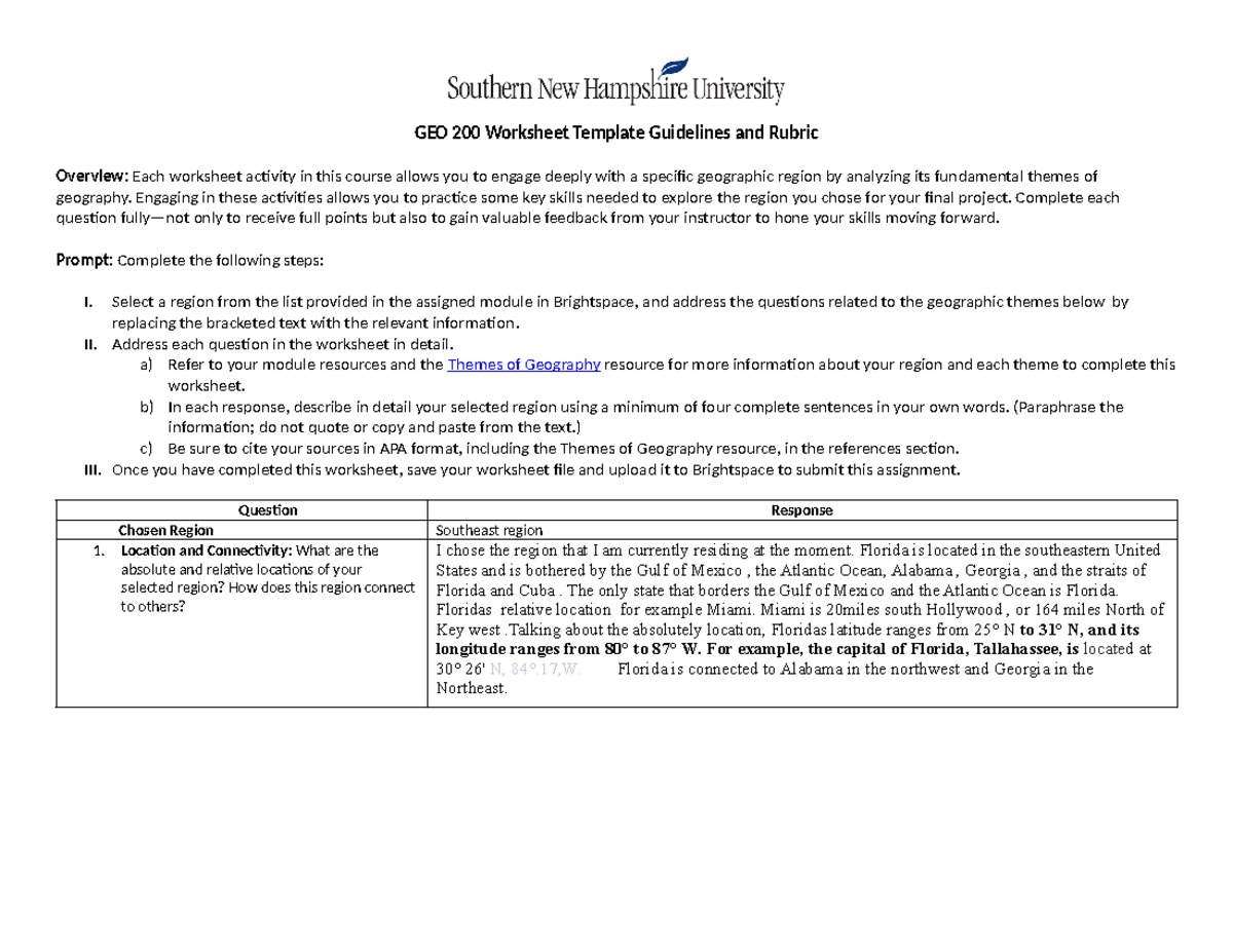 Answer GEO 200 Worksheet Template Guidelines and Rubric copy - GEO 200 ...