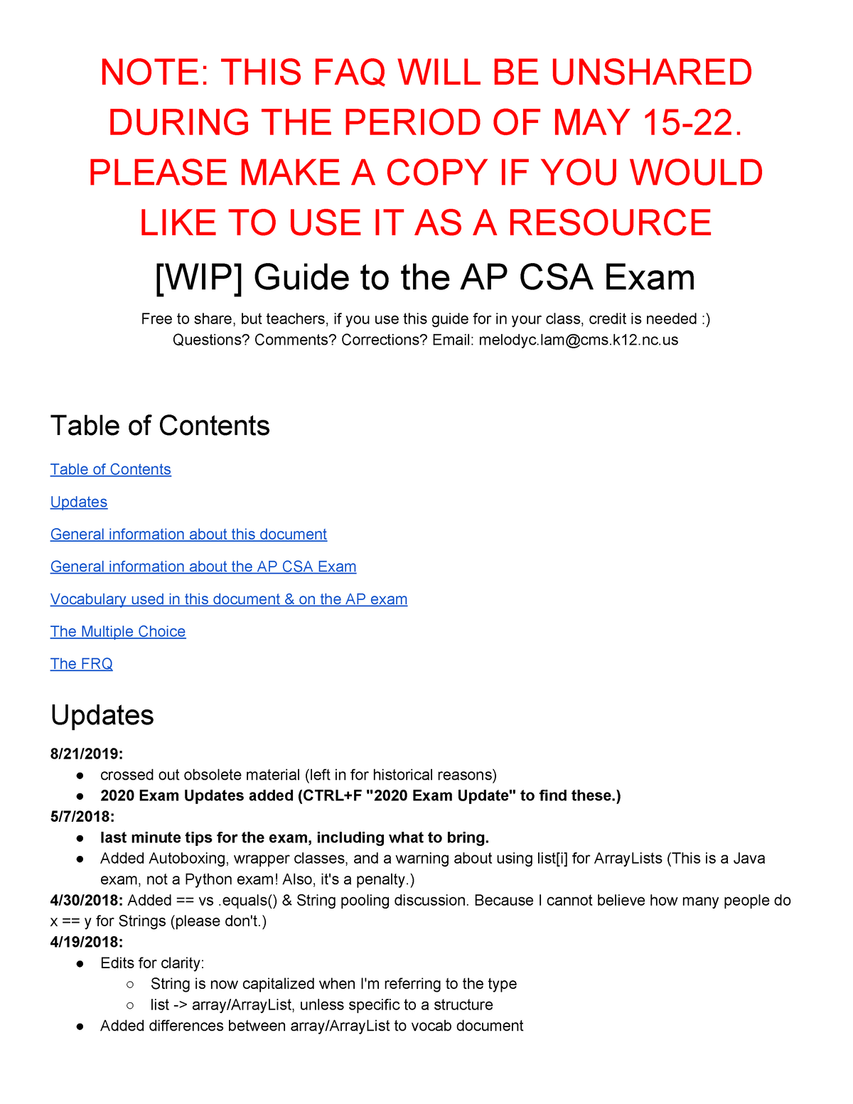 Guide to the AP CSA Exam random things NOTE THIS FAQ WILL BE