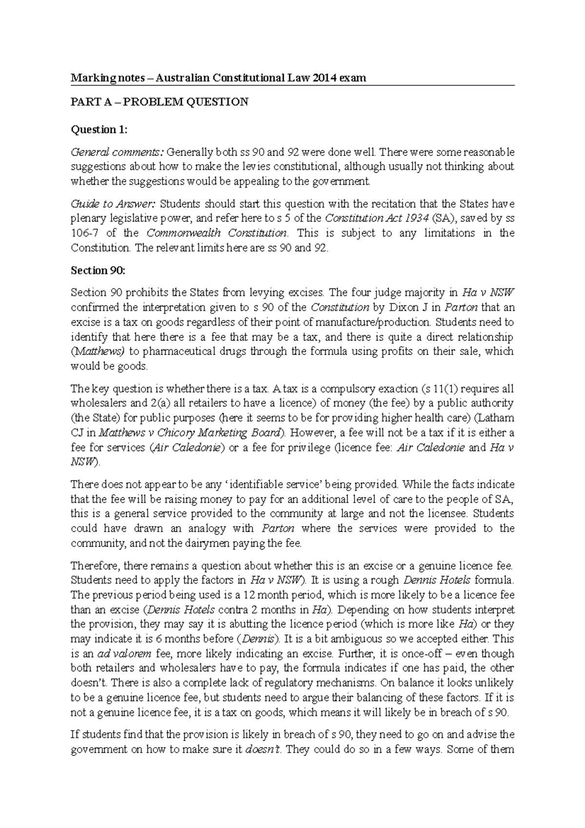 2014 Exam marking notes - Marking notes – Australian Constitutional Law ...