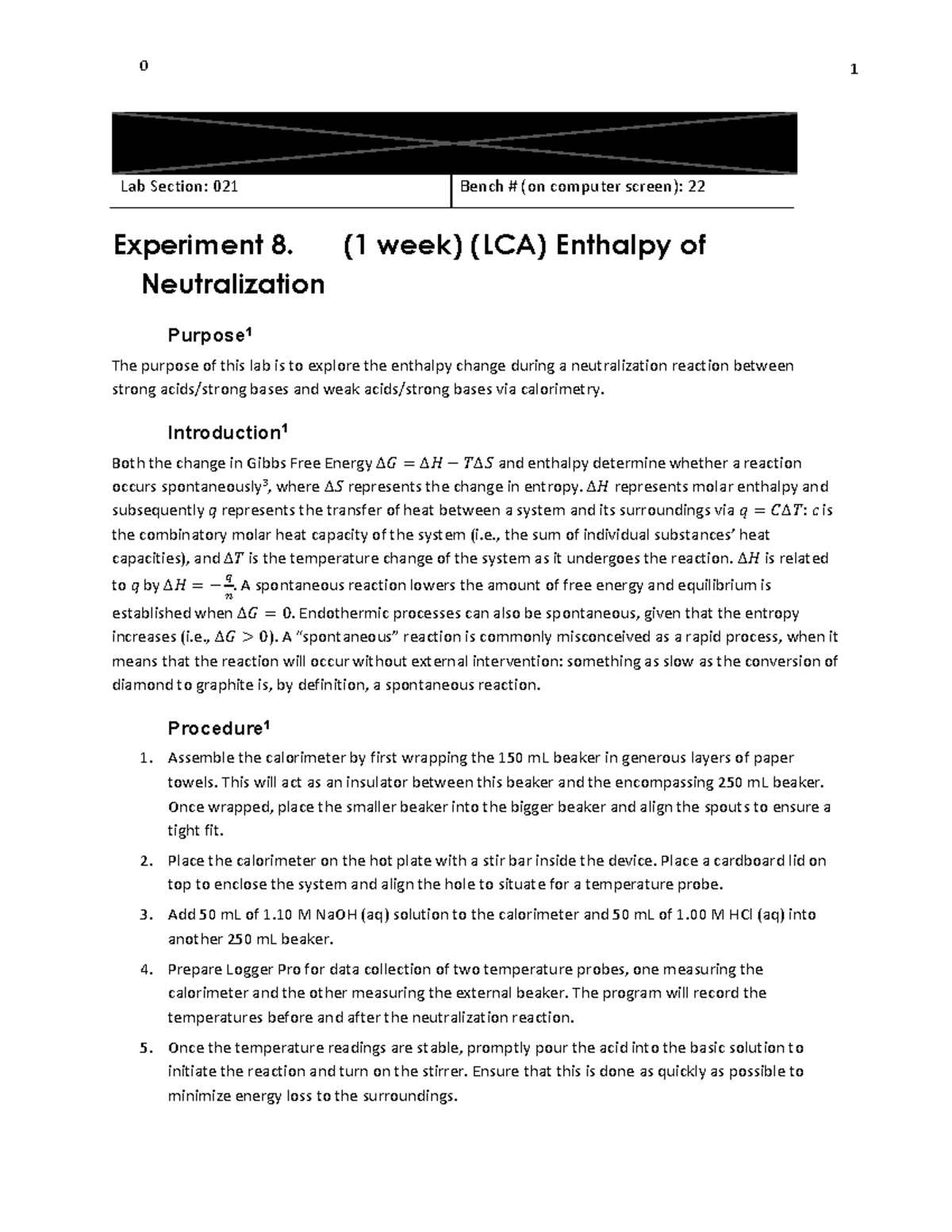 Enthalpy of Neutralization Lab Report 1 Lab Section 021 Bench (on
