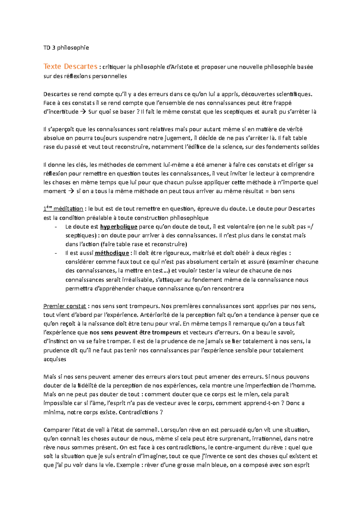 Philosophie de L'Esprit TD 3 TD 3 philosophie Texte Descartes